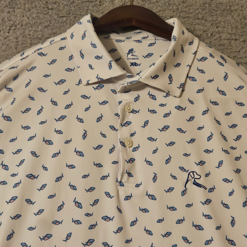 Rhoback Mens XL Performance Polo Shirt White Fish Print Short Sleeve Golf Tee